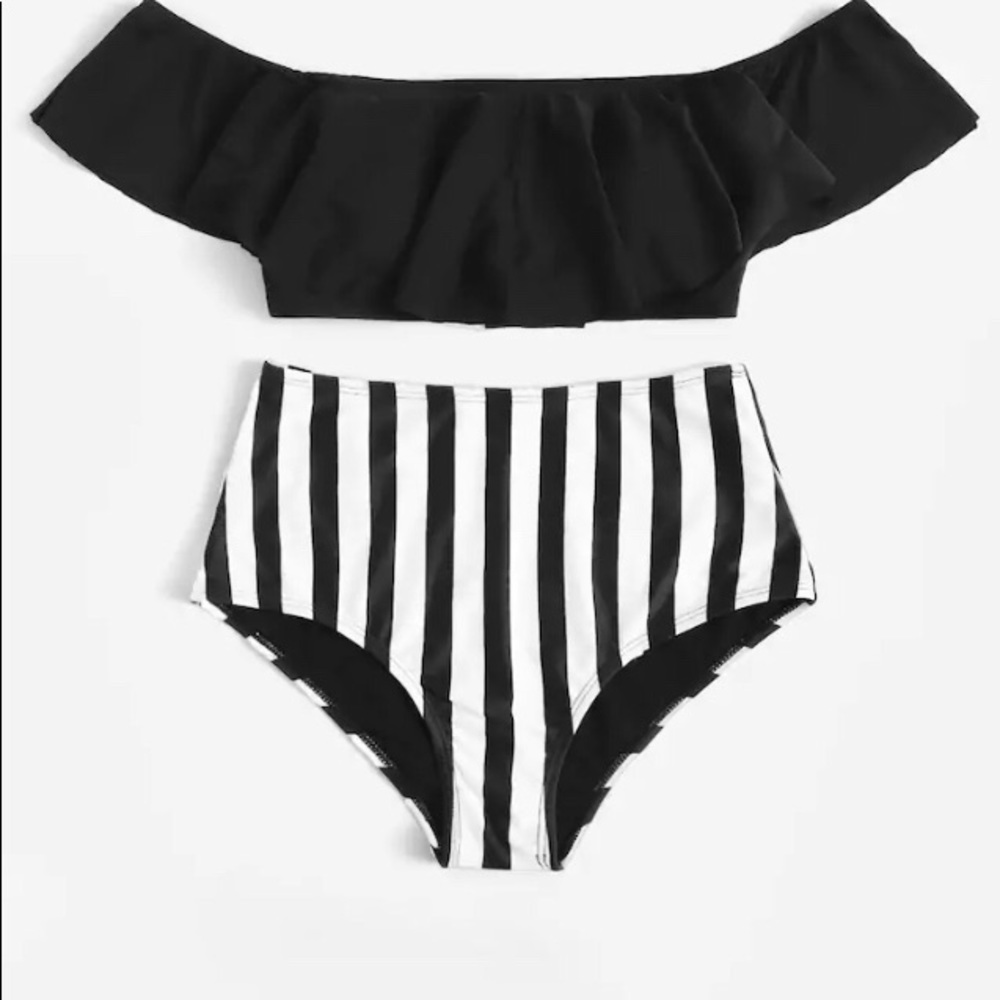 Off shoulder flounce top with striped high